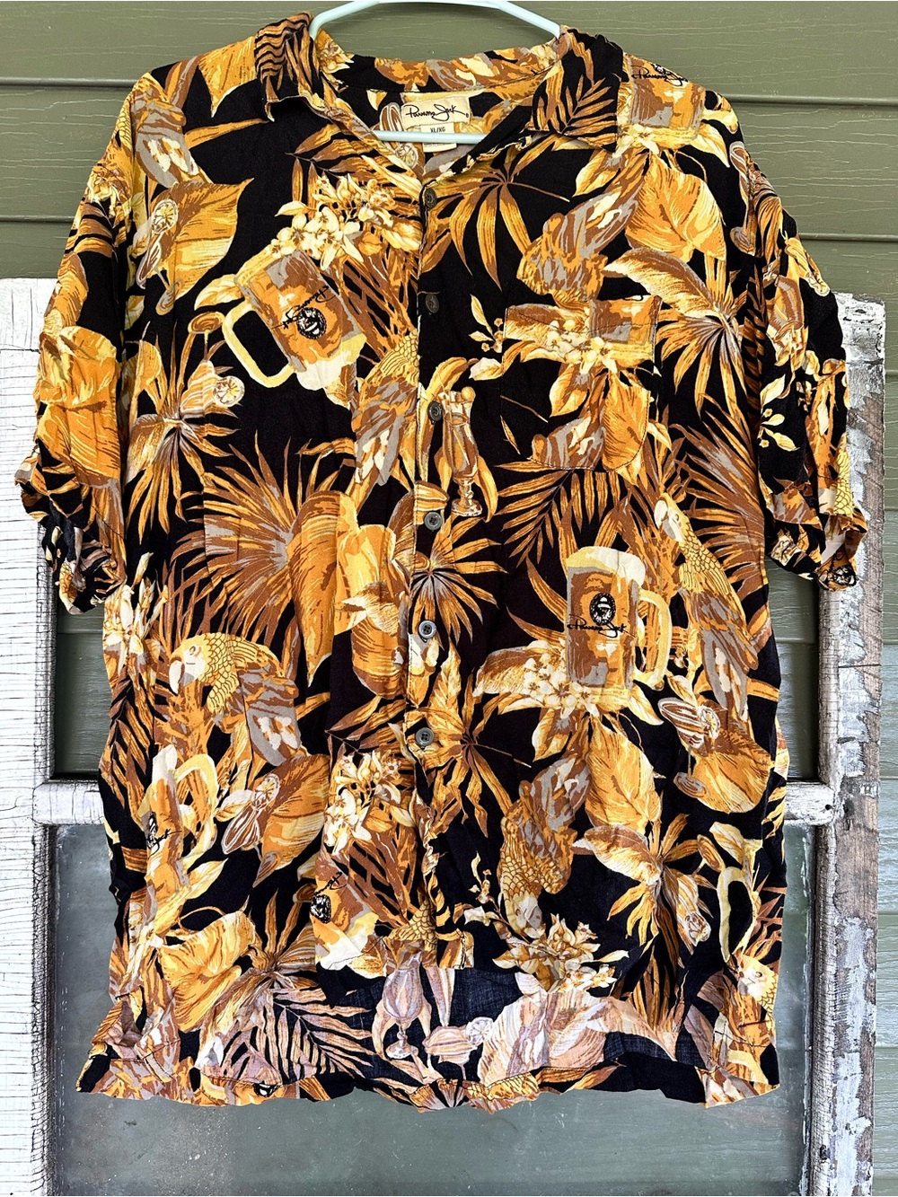 Panama Jack Mens XL Rayon Tropical Parrot Beer Mug Aloha Camp Shirt Black Gold